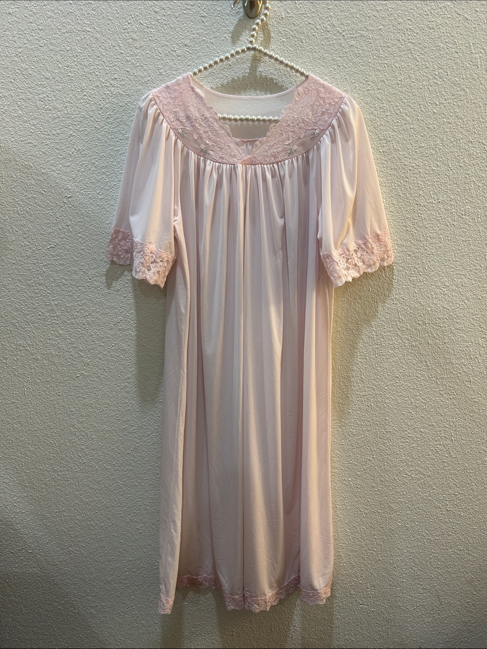 Vintage Shadowline Lace Short Sleeve Nightgown Size Small